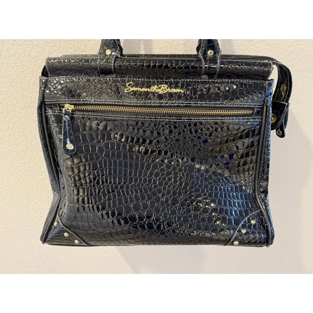 Samantha Brown  Black Camel Dowel Bag Carry on Croco Embossed Pre-owned